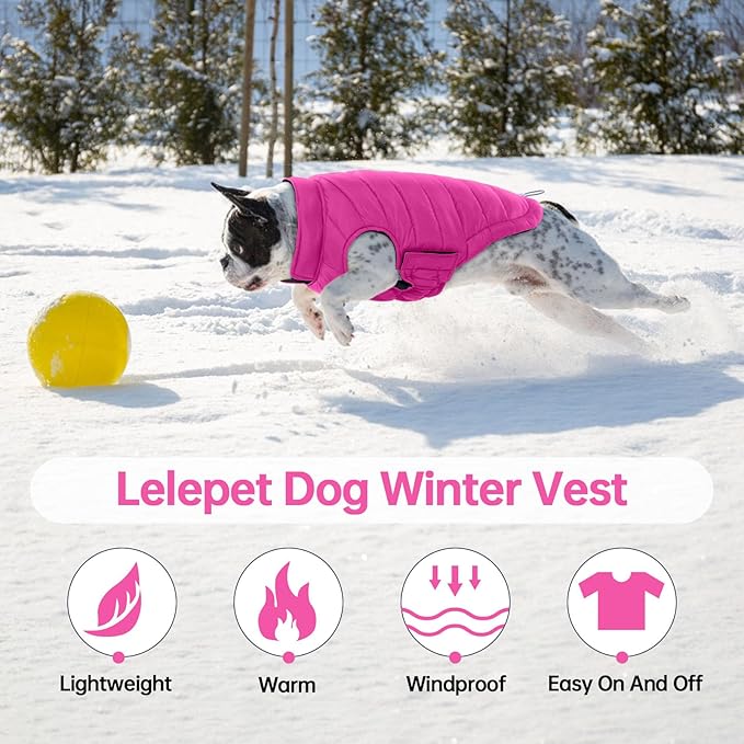 Lelepet Reversible Dog Coat Waterproof Dog Jacket Windproof Puffer Vest for Winter Warm Lightweight Coats for Small Dogs Adjustbale Hook & Loop Pet Apparel with Leash Hole, Shih Tzu, Rose Red, S