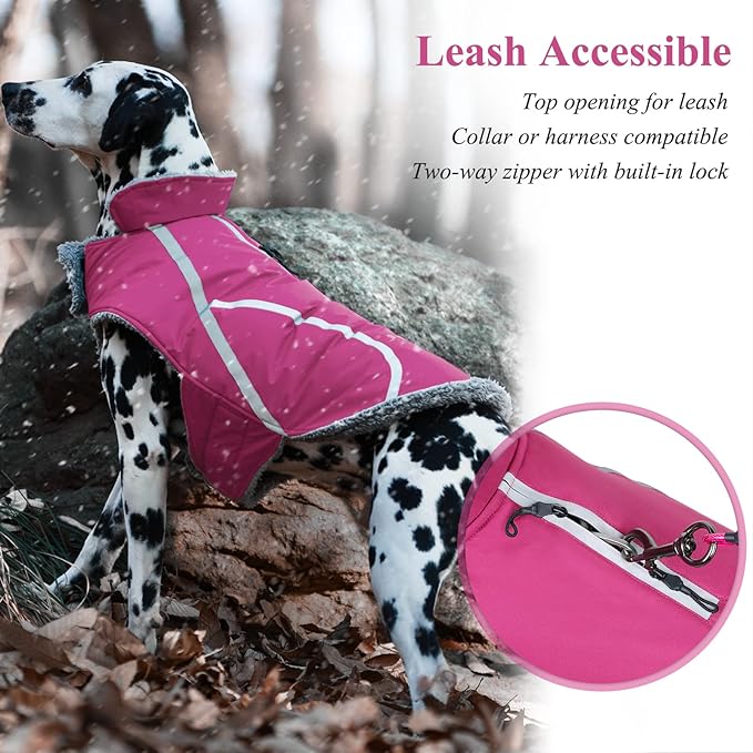 VIVAGLORY Frostfit Dog Coat, Dog Jacket for Winter & Cold Weather, Warm Fluffy Fleece Lined Water Resistant Reflective for Puppy, Coat with Velcro Fastening & Leash Hole, XL, Fuchsia