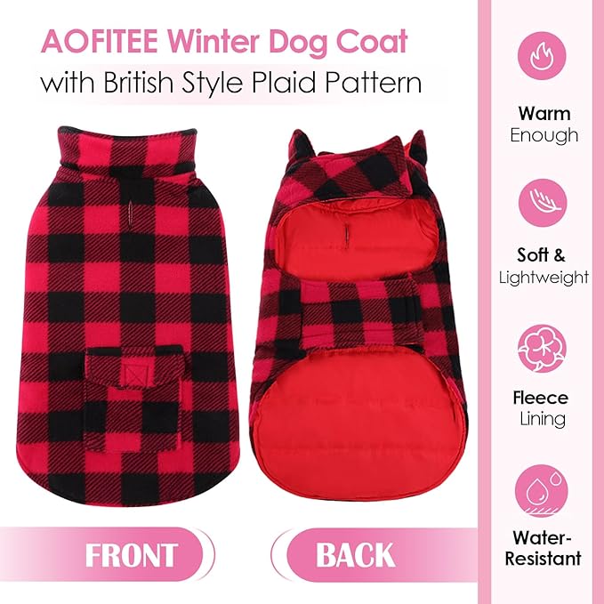 AOFITEE Dog Coat Plaid Dog Winter Coat for Small Dogs, Warm Dogs Jacket Christmas Sweater, Waterproof Pet Puffer Jacket, Reversible Pet Cold Weather Coats for Small Medium Large Pets, Red L