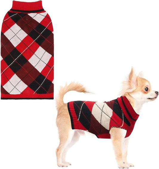 KOOLTAIL Dog Sweater Pet Knitted Clothes-Classic Plaid Pullover Turtleneck Red Fleece Dog Christmas Sweaters with Leash Hole, Thick Warm Dog Winter Clothes for Small Medium Large Dogs Cats Puppy, S