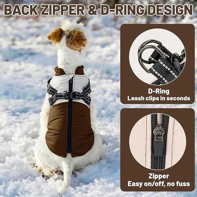Dog Winter Coat for Small & Medium Dogs (Up to 31lb), Waterproof Dog Coat with Harness, Puppies Windproof Puppy Puffer Jacket, Snowsuit for Dachshund,Frenchie, Corgi (Classic Brown, Small)