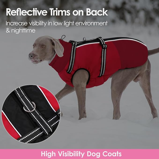 AOFITEE Dog Coat, Warm Dog Jacket with Harness Built-in, Waterproof Medium Dogs Cold Weather Coat with Zipper, Reflective Fleece Lined Pet Snow Jackets for Pug, Jack Russell, Boston Terrier, Red M