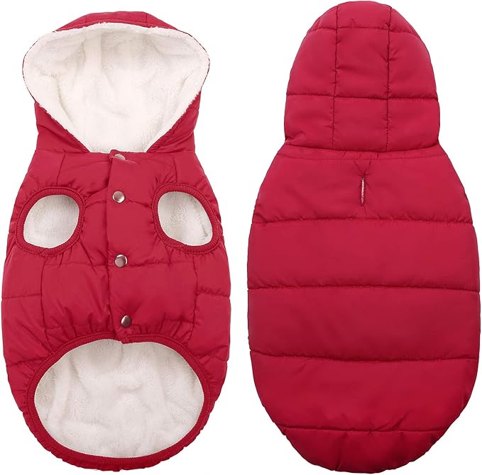 Fleece Hoodie, Windproof Waterproof Coat, Winter Warm Jacket, Cold Weather Pet Apparel Clothes Vest for Small Medium Large Dogs (M, Red)