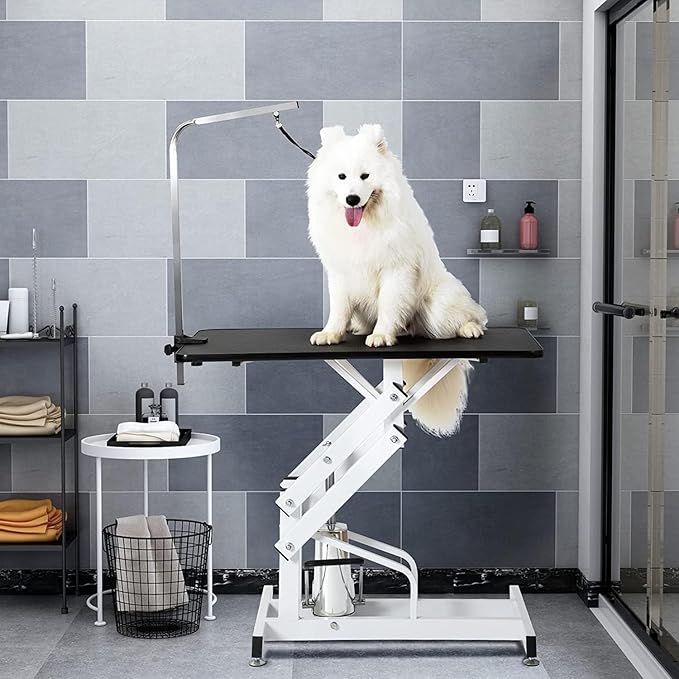 42.5" Hydraulic Dog Grooming Table for Large Dogs Heavy Duty Height Adjustable Dog Grooming Table with Overhead Arm & Noose Height Range 21-36 inch Black