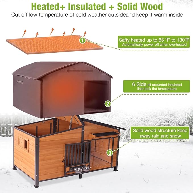 GUTINNEEN Extra Large 60" Heated Dog House Outdoor Insulated Dog Kennel with Safe Heated Pad, Chew-Proof Metal Frame and Rotating Food Bowl for Large Dog Breeds, 60" L x 36" W x35.4 H (Brown)