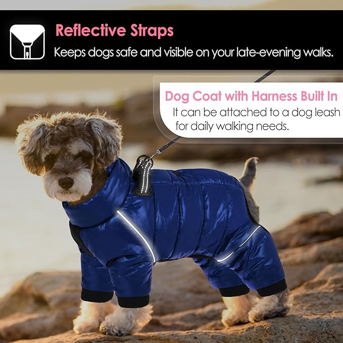 AOFITEE Dog Coat, Waterproof Dog Jacket for Winter, Warm Fullbody Dogs Snowsuit, Winter Coat for Small Dogs, Zip Up Pet Puffer Jacket Fleece Vest, Outdoor Reflective Cold Weather Pet Coats, Blue S