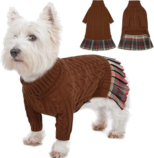 IECOii Girl Dog Sweater Dress - Cable Knit Dog Sweater for Small Dogs Girl - Caramel,Medium, Turtleneck Pullover Sweaters with Tartan Plaid Skirt, Adorable Warm Dog Knitted Dress for Christmas