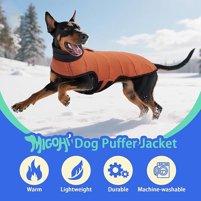 MIGOHI Lightweight Dog Coat, Windproof Dog Jacket, Puffer Jacket for Medium Dogs, Padded Vest with Reflective Strips, Warm Snow Vest in Cold Weather, Easy On Hook & Loop Belly, Caramel, M