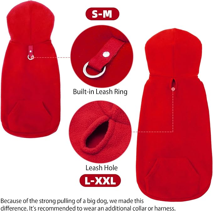 EXPAWLORER Dog Hoodie Fleece Sweater Vest, Hooded Dog Sweatshirt Fall Winter Pet Clothes with Leash Ring, Sleeveless Warm Cozy Puppy Clothing for Cat Small Medium Large Dogs Girl Boy, Red S