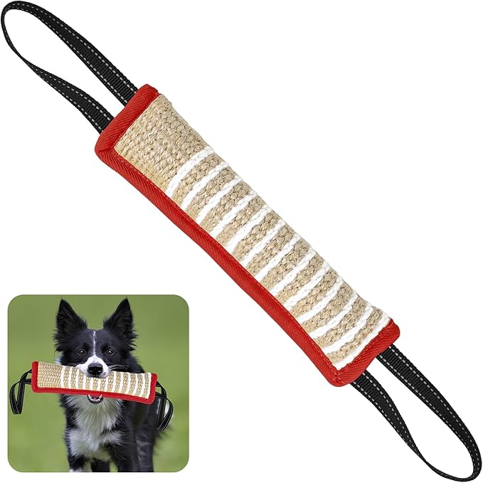 ToLanbbt Dog Tug Toy Bite Jute Pillow Pull Toy with 2 Strong Handles Perfect for Tug of War, Puppy Interactive Play, Tear Resistant Bite Training for Small Medium Large Dogs (Red-Line)