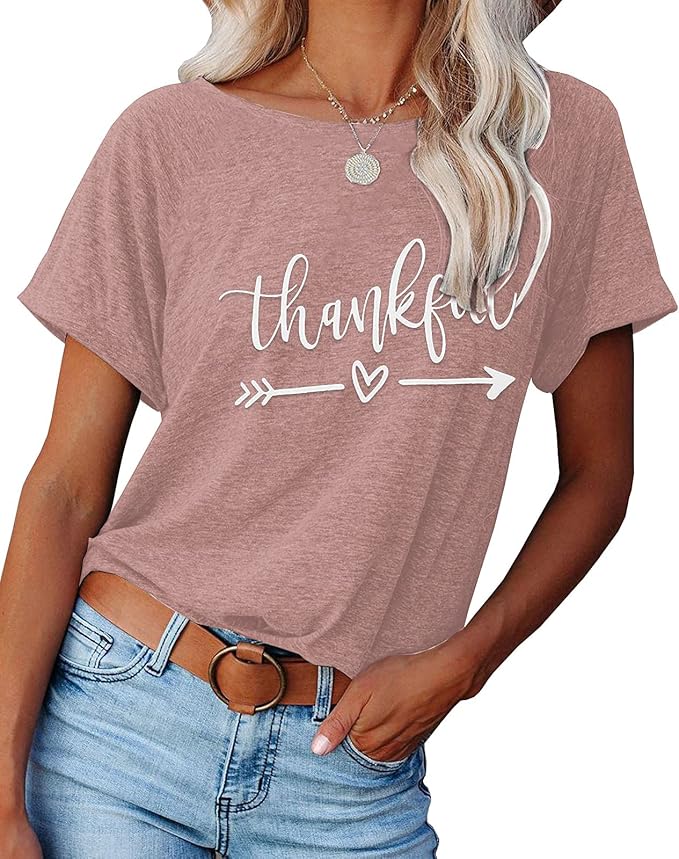 NIUBIA Women's T Shirts Summer Tops Simple Heart Graphic Shirts Sayings Short Sleeve Vacation Casual Blouse Thankful Tee