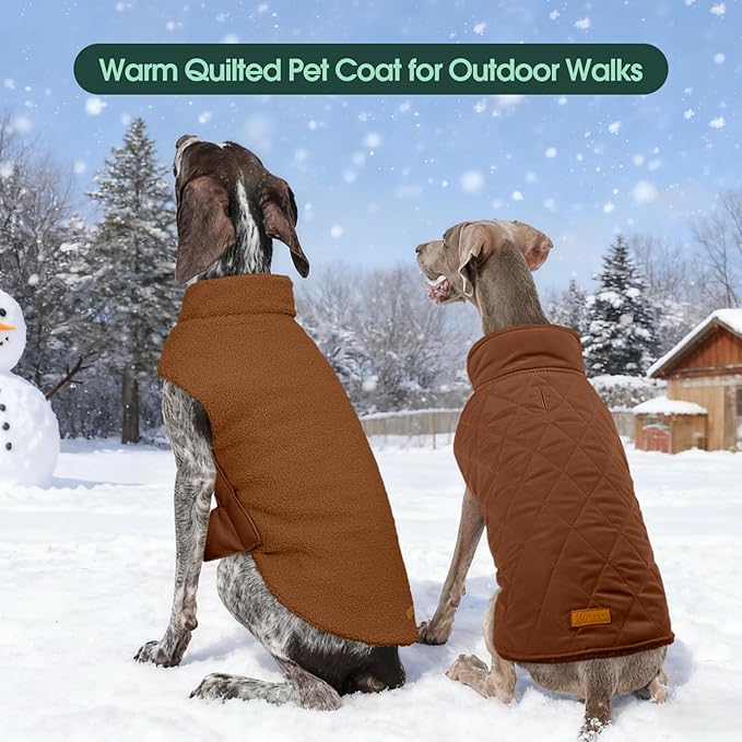 Kuoser Reversible Dog Coat – Warm Fleece & Quilted Waterproof Dog Jacket, Double-Sided Cold Weather Dogs Winter Coat with Harness Hole, Windproof Pet Snow Vest for Small Medium Large Dogs, Brown 3XL
