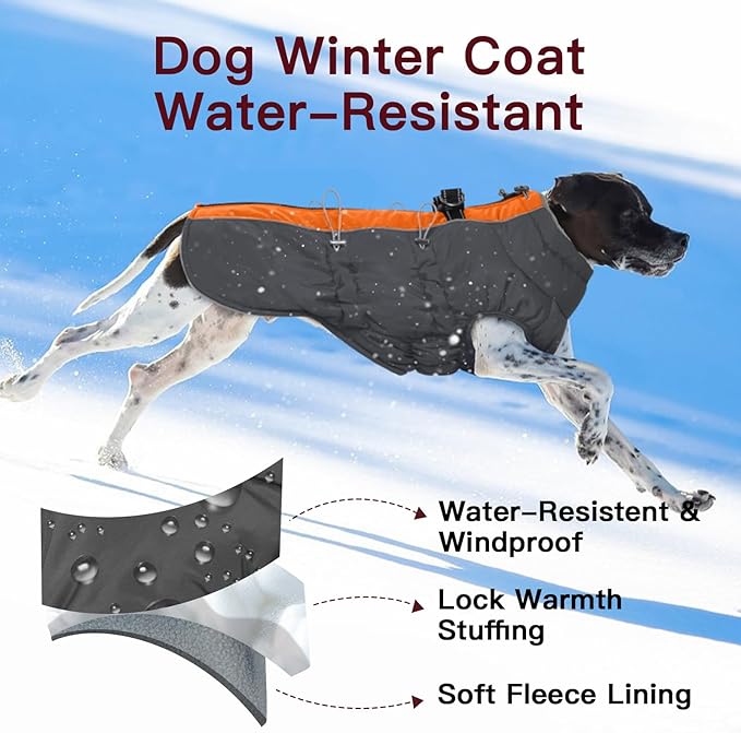 Dog Winter Jacket - Large, Warm Zip Up Snowsuit Dog Harness Vest, Reflective, Water-Resistant, Orange-Gray