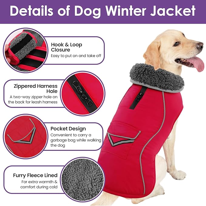 SUNFURA Large Dog Coat, Warm Dog Winter Coat Jacket with Thick Furry Collar, Adjustable Pet Fleece Jacket Turtleneck Snowsuit for Large Dogs for Chilly Day, Red XL