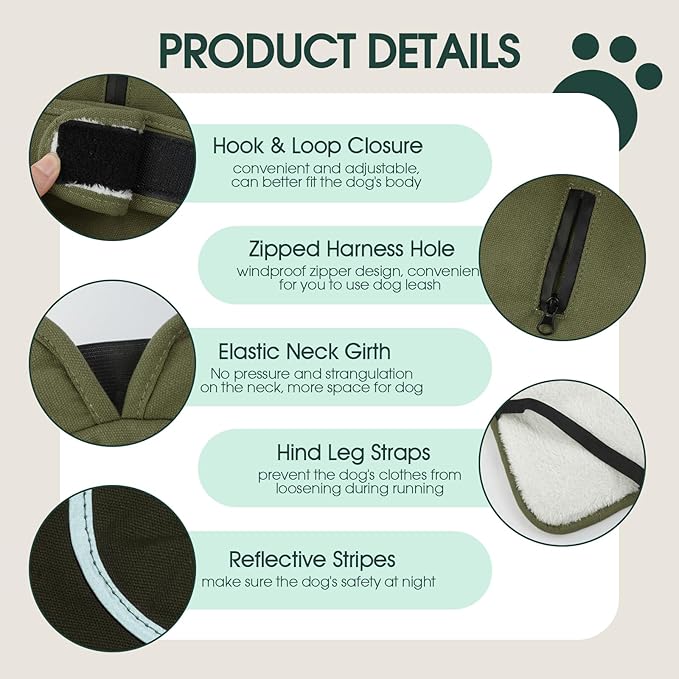 Kuoser Canvas Dog Coat, Warm Dog Jacket Reflective Fleece Pet Cold Weather Coat, Warm Doggie Clothes Waterproof Winter Vest with Zipper Leash Hole for Small Medium Large Dogs, Army Green S