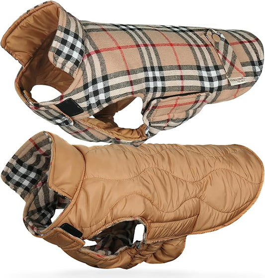 VIVAGLORY Softjoy Dog Coat, Dog Jacket for Winter & Christmas, Coat with Harness Hole & Velcro Closure, Reversible Plaid Checkered Warm Fluffy Heavy Duty for Puppy, M, Khaki