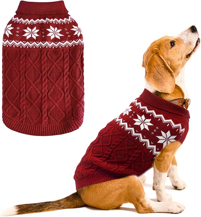 Warm Winter Pink Dog Sweater - Cold Weather Pet Clothes for Small Medium Large Dogs Indoor Outdoor, Soft Classic Knit Puppy Apparel Coat, Dark Red, SM