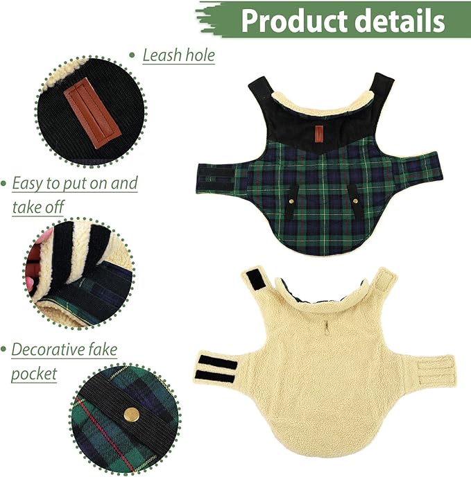 Winter Coat for Small and Medium Dogs, Puppy Plaid Jacket, Cotton Coat for Cold Weather, Windproof Warm Dog Garments, Pet Thickened Outfits Indoor Outdoor, Green L