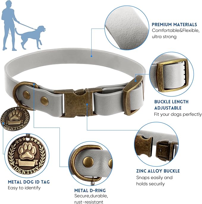 Wisedog Dog Collar and Leash Set, Waterproof Adjustable Puppy Collars with Cute Tag 6FT Dog Leash with Poop Bag for Small Medium Large Dogs (S(Collar:10"-14";Leash:4 ft), Grey)