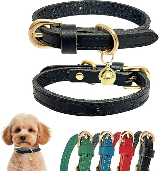 Guiding Star Leather Collar for Puppy, Cute Soft Thin Dogs Collars for Small Medium Dogs, Cat Collar with Bell (Black, XXS, 6.2"-10")