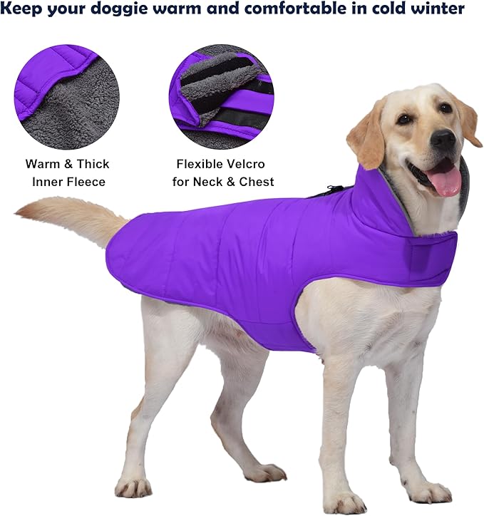 Dog Winter Coat, Waterproof Dog Jacket with Leash Hole, Reflective Adjustable Pet Snow Vest, Warm Fleece Sweater for Small Medium Large Dogs - Purple, XS