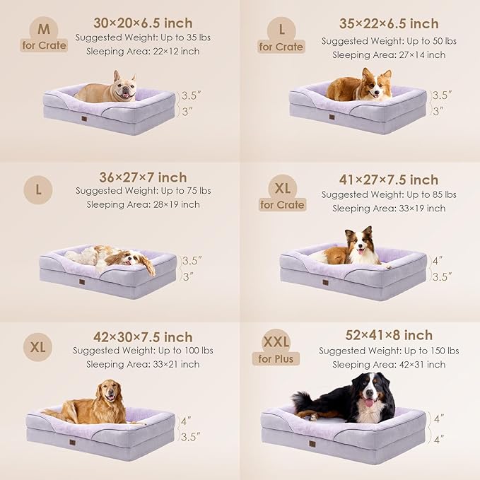 EHEYCIGA Memory Foam XL Dog Bed for XLarge Sized, Extra Large Orthopedic Dog Sofa with Sides and Waterproof Liner, Washable Bolster Pet Couch with Removable Cover, 42x30x7.5 Inch, Purple