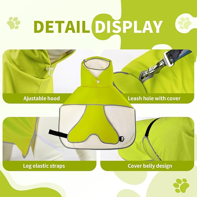 Dog Raincoat, Waterproof Windproof Dog Rain Jacket with Hood, Rain Coat with Leash Hole, Adjustable Raincoat Poncho for Small Medium Large Dogs Outdoor (Neon Yellow, Large)