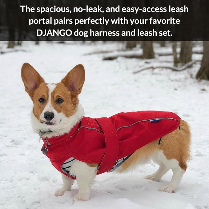 DJANGO Dog Jacket & Raincoat – Lightweight Water-Resistant Coat for Small, Medium & Long Dogs Like Dachshunds – Reflective, Adjustable Fit, Harness-Compatible & Easy-Access Harness Hole - Red, Large