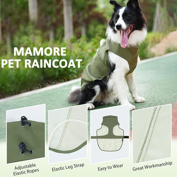 Waterproof Dog Raincoat, Adjustable Lightweight Dog Rain Jacket with Reflective Strip Leash Hole for Small Medium Large Dogs (Green, X-Large(37-55lb))