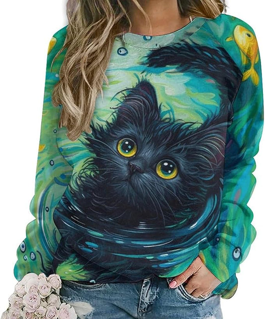 Long Sleeve Shirts for Women Cat Oil Painting Shirt 3D Graphic Sweatshirts Fall Pullover Crewneck Vintage Boho Tops