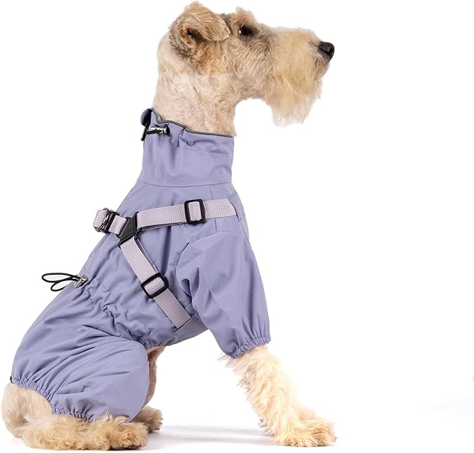 Mile High Life Waterproof Dog Raincoat, Full Coverage Small Dog Rain Coat with Harness, Adjustable 4 Legs Puppy Rain Jacket with Reflective Strip and Elastic Cuffs (Purple, XXS Back Length 9.8")