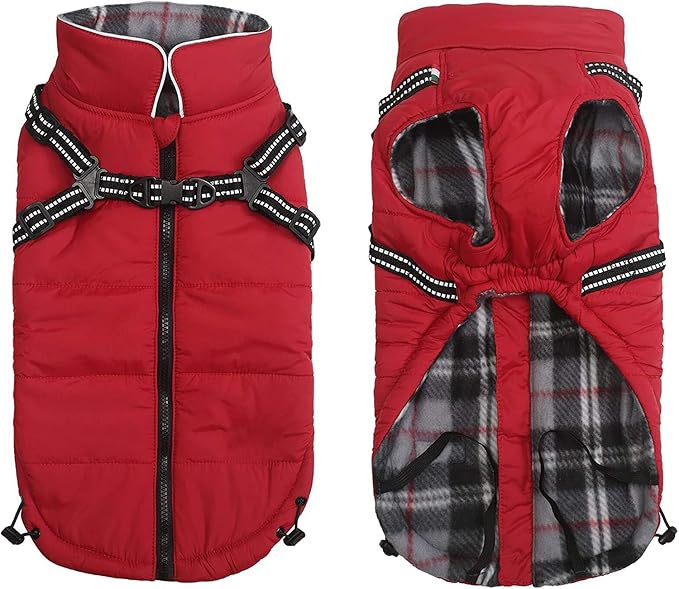 Winter Warm Coat Geyecete Waterproof Dog Winter Jacket with Harness Traction Belt,Pet Outdoor Jacket Dog Autumn and Winter Clothes for Medium, Small Dog-Red-S
