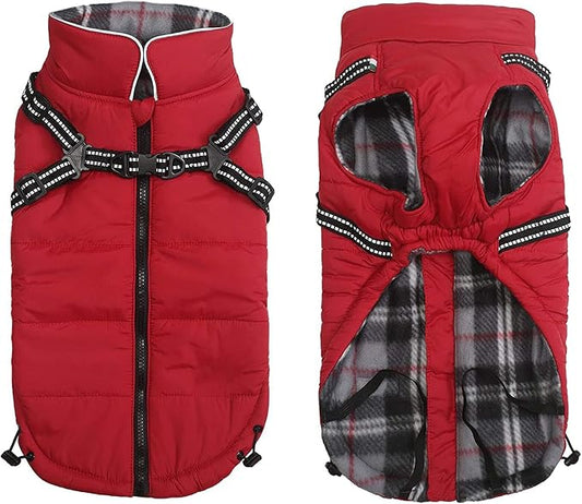 Winter Warm Coat Geyecete Waterproof Jacket with Harness Traction Belt,Pet Outdoor Jacket Dog Autumn and Winter Clothes for Medium, Small Dog-Red-M