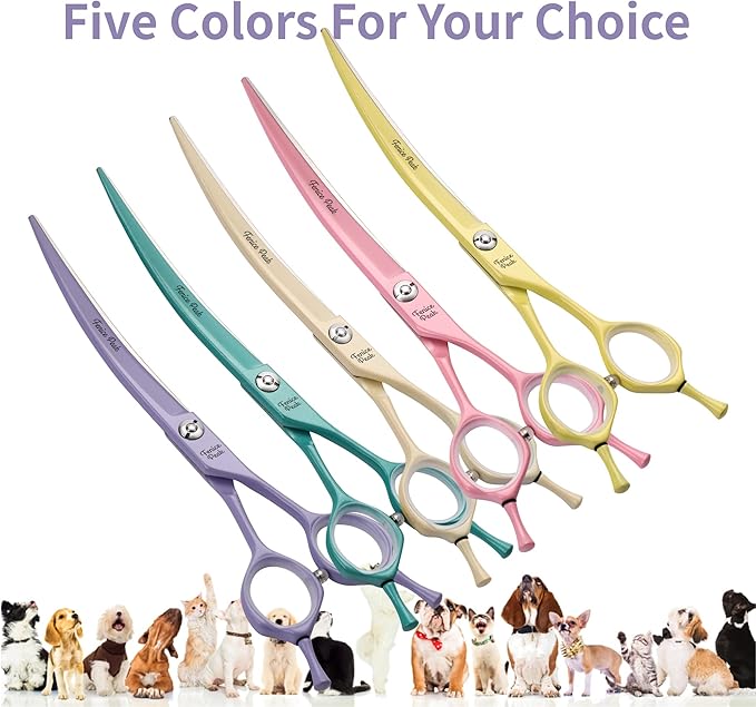 Fenice Peak Curved Dog Grooming Scissors with Yellow Color Coating 440C Stainless Steel Pet Grooming Bending Shears Sharp and Durable Comfortable Engonomic Handle