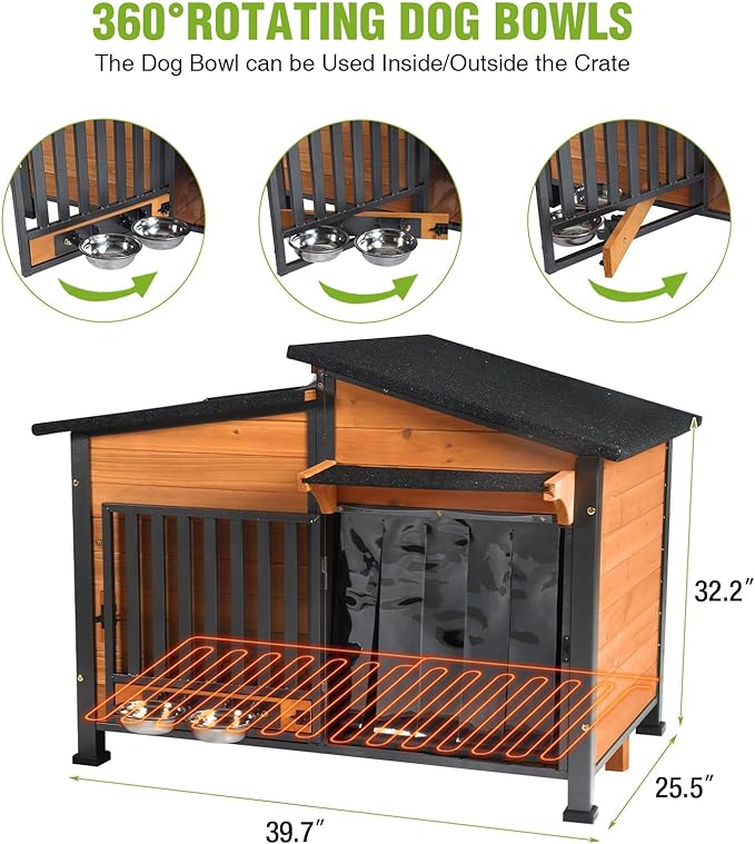 Heated Dog House Outdoor, Insulated Dog Kennel with Heating Pad for Winter, Weatherproof Dog Shelter with Anti-Chewing Metal Frame and Bowls for Small Medium Large Dogs (Brown)