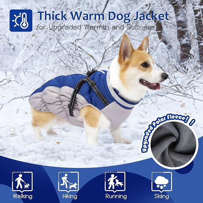 Dog Winter Coat with Harness, Dog Jacket, Pet Clothes with Zipper on Back, Waterproof Windproof Warm Vest, Reflective Cold Weather Coats, for Small Medium Large Dogs, Thick, Blue, S