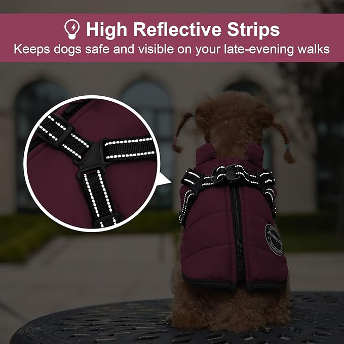 Warm Dog Winter Coat, Fashion Pet Cold Weather Jacket with Built-in Harness, Reflective & Adjustable Comfortable Pet Vest, Windproof Apparel for Small Medium Large Dogs (Purple)