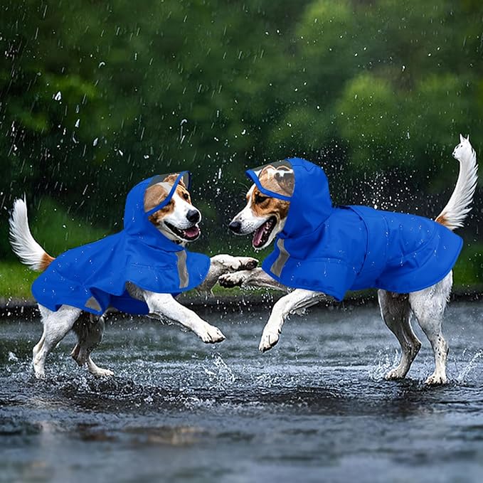 Kuoser Dog Raincoat, Waterproof Dog Rain Jacket with Clear Hooded Double Layer, Lightweight Reflective Dogs Rain Coat with Adjustable Belly Strap, Rain Coats for Extra Large Dogs Outdoor Wear,Blue 2XL