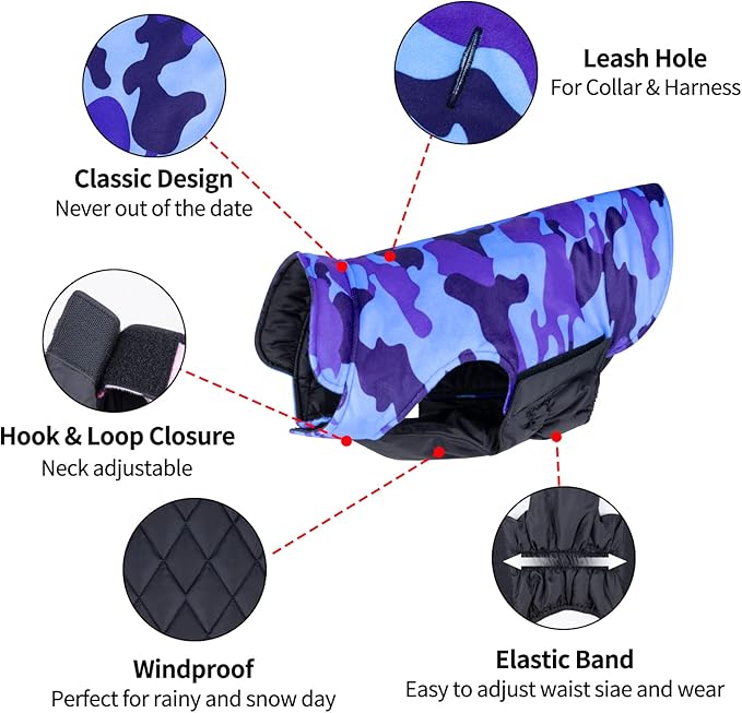 CuteBone Reversible Dog Jacket - Waterproof, Windproof, Thick Soft Coat with Leash Hole for Small/Medium/Large Dogs