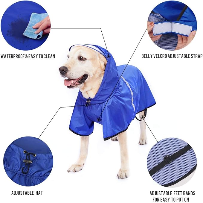 Dog Raincoat with Adjustable Belly Strap and Leash Hole - Hoodie with Reflective Strip - Waterproof Slicker Lightweight Breathable Rain Poncho Jacket for Medium Large Dogs - Easy to Wear, Blue 5XL
