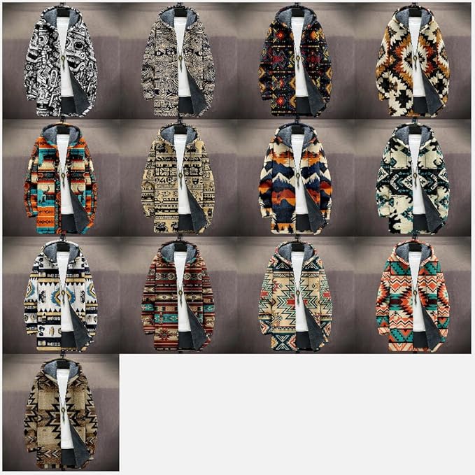 Mens Aztec Print Hoodie Heavyweight Cotton Fleece Jacket Zip Up Warm Long Sleeve Hooded Winter Midi Coat