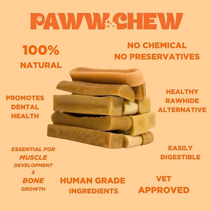 Paww Chew Yak Chews For Large Dogs - 100% Natural, Long Lasting Dog Treats, (Large - 4 Pack) High Protein, Great for Oral Health, Odor-Free, Gluten-Free, Limited Ingredients Yak Bone for Power-Chewers
