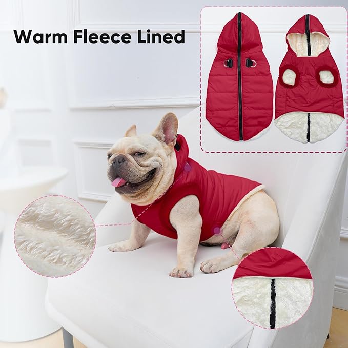 Fleece Lining Dog Hoodie with Harness Built in,Extra Warm Small Dog Jacket in Winter Puppy Coats with Hooded,Red XS
