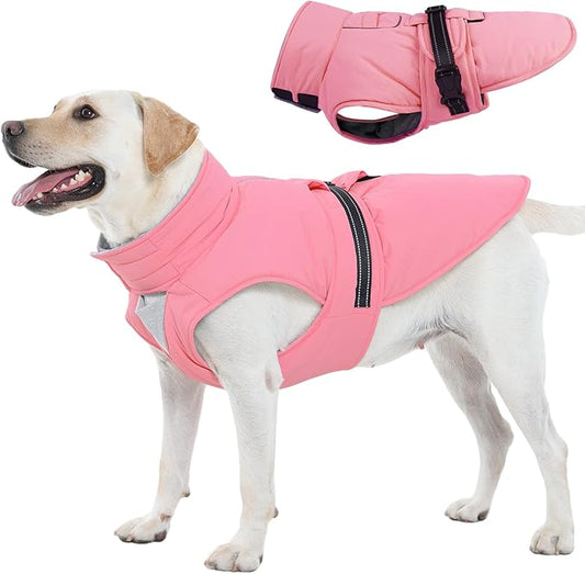 XXL Dog Coat, Warm Dog Winter Jacket, Waterproof Dogs Snowsuit with Foldable High Collar, Reflective Strips, Leash Hole, and Adjustable Hook & Loop Closure - Ideal for Cold Weather - Pink XXL