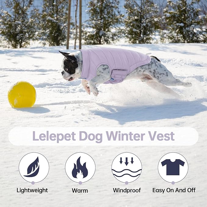 Lelepet Reversible Dog Coat Waterproof Dog Jacket Windproof Puffer Vest for Winter Warm Lightweight Coats for Small Dogs Adjustbale Hook & Loop Pet Apparel with Leash Hole, Chihuahua, Purple, XS