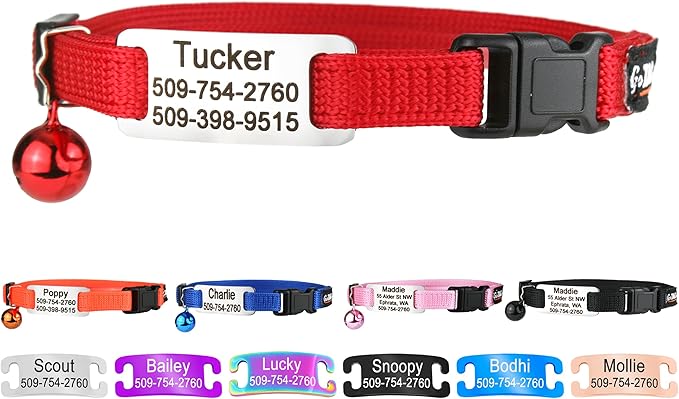 GoTags Personalized Cat Collars with Tag, Engraved Custom Cat Collar with Name and Phone, Breakaway Collar with Safety Buckle and Bell, Adjustable for Cats and Kitten (Red with Nameplate)