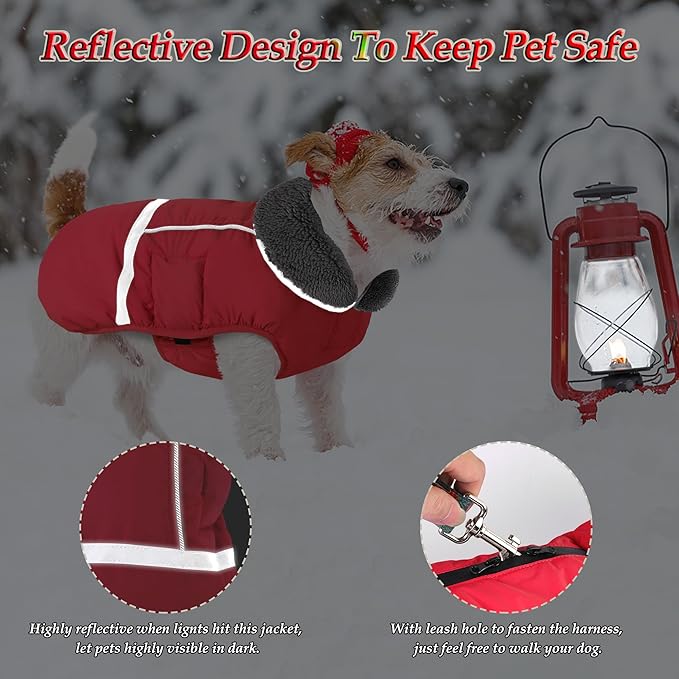 Dogcheer Warm Dog Coat, Christmas Dog Jacket Waterproof Puppy Winter Coat with Buckles, Reflective Adjustable Pet Snow Jacket Turtleneck Fleece Sweater for Small Medium Large Dogs - Red, 2XL