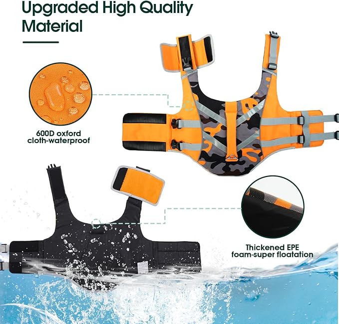 Kuoser High Visibility Dog Life Jacket with Reflective Stripes, Adjustable Ripstop Pet Life Preserver Swimsuit for Small, Medium and Large Dogs