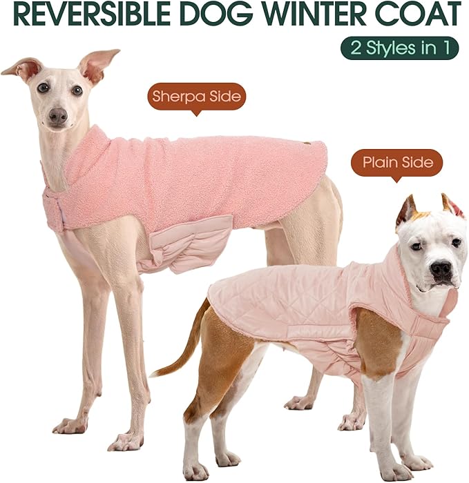 Kuoser Reversible Dog Coat – Warm Fleece & Quilted Waterproof Dog Jacket, Double-Sided Cold Weather Dogs Winter Coat with Harness Hole, Windproof Pet Snow Vest for Small Medium Large Dogs, Pink L
