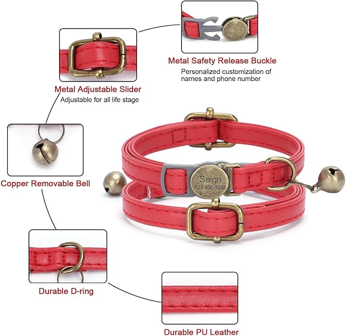 Cat Collar Breakaway, Personalized Leather Cat Collar with Bells - Adjustable Customized Collar with Name & Phone Number Tag for Girl Boy Cats - Quick Release Buckle for Cats & Kittens(Red)
